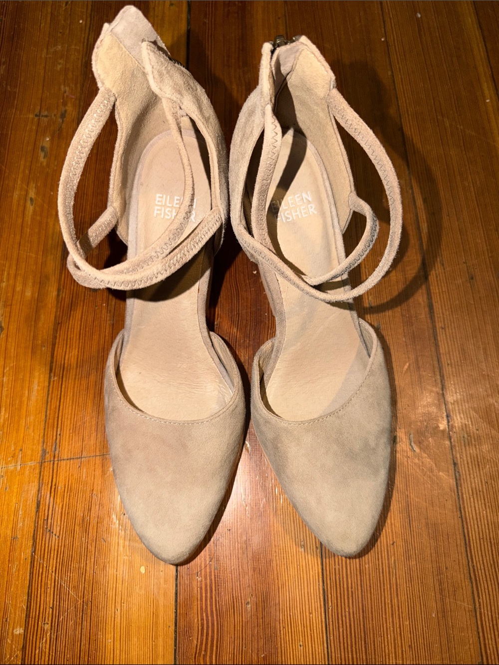 Eileen Fisher Nude Suede Pointed-Toe Ankle-Strap Heels